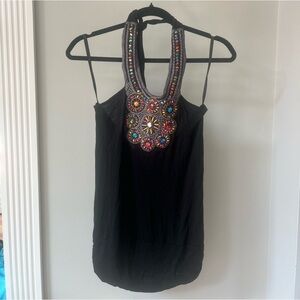 Wet Seal Colorful Embroidered Black Halter Top- S